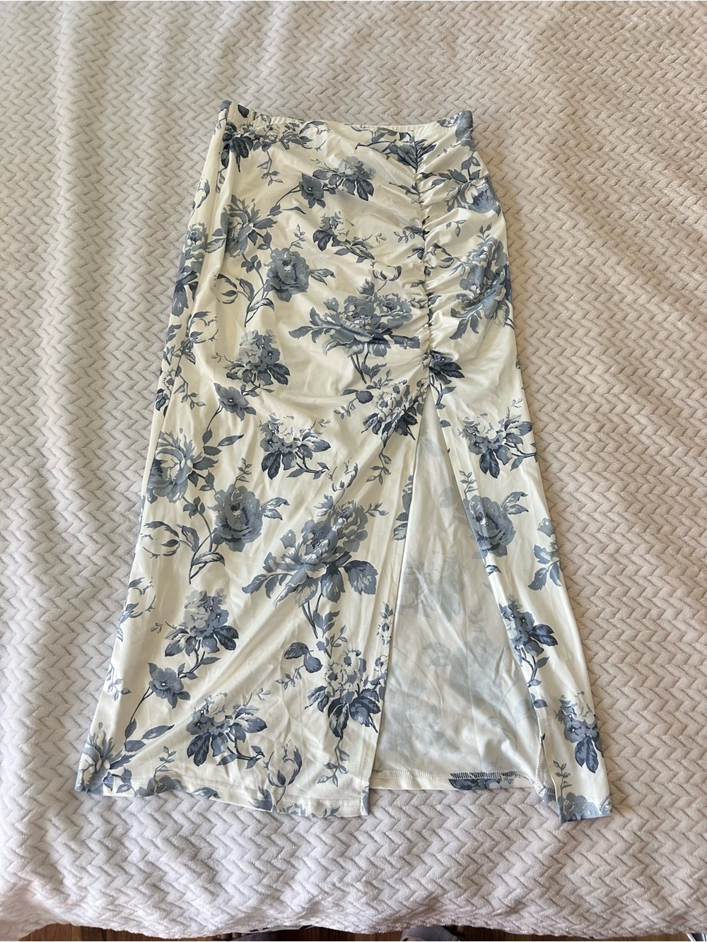 Cider Blue Floral High-Low Ruched Maxi Skirt